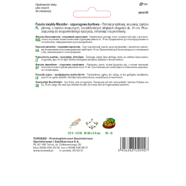 Fasola zwykła karłowa Maxidor nasiona 30g - TORSEED