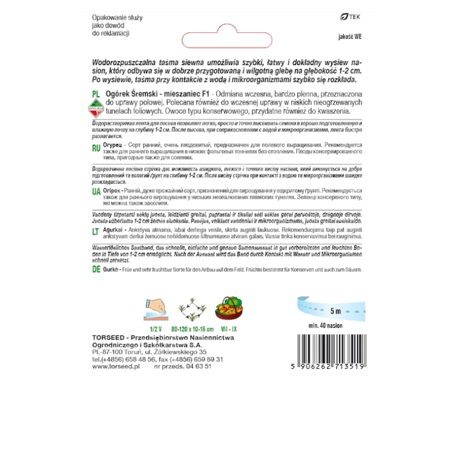 Ogórek Śremski F1 nasiona na taśmie 5m  - TORSEED